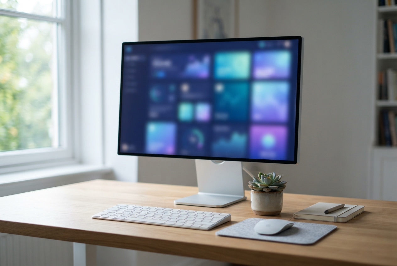 Minimalist desk with blurred colorful monitor, white keyboard and mouse, succulent, notebooks, and window.