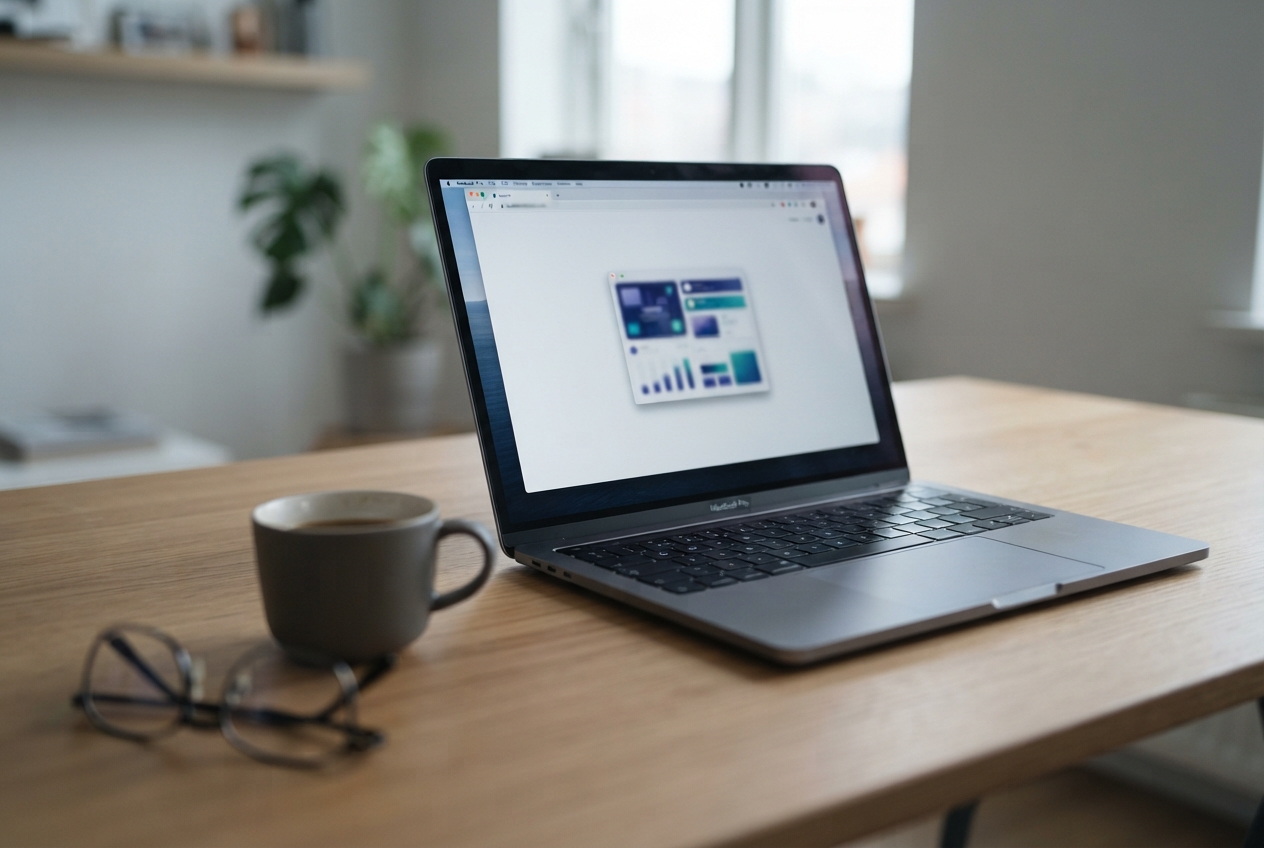 Open laptop showing a blurred dashboard beside coffee and eyeglasses on a wooden table.