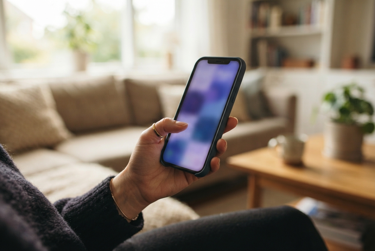 Person in dark clothing holds a vertically oriented smartphone in a softly blurred living room.