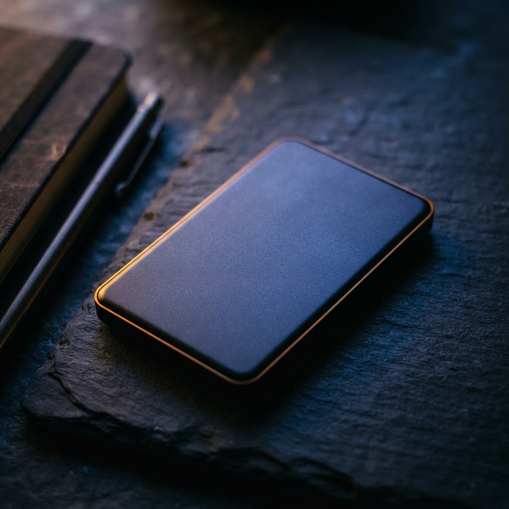 A matte dark rectangular device with a copper-colored edge rests on rough stone beside notebooks and pens.