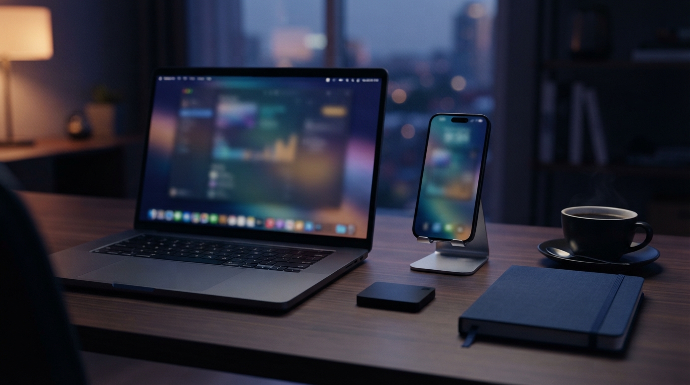 Laptop, smartphone on a stand, notebook, and coffee cup arranged on a dimly lit wooden desk.